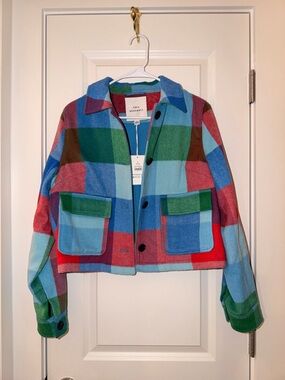 Free Assembly Women's Multicolor Plaid Cropped Jean Jacket - Blue/Green/Red